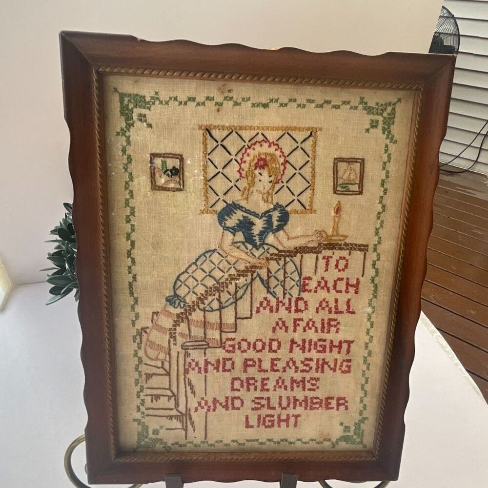 Vintage framed cross stitch sampler Victorian girl on steps; cottagecore - Picture 2 of 7